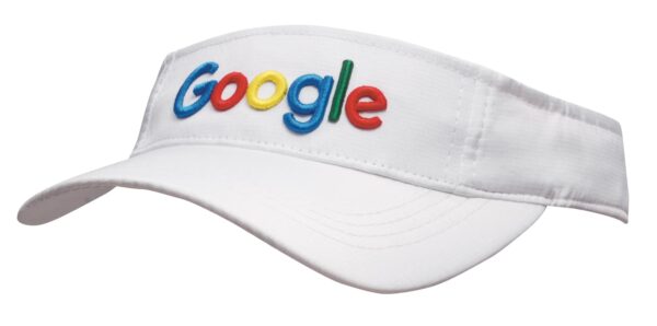 A white sports visor featuring a colourful logo on the front and a wide brim for sun protection.