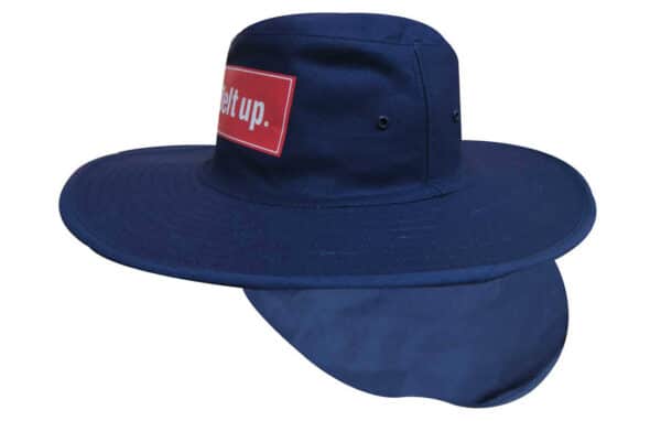 A navy blue canvas sun hat with a wide brim and neck flap, featuring a logo on the front.