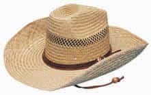 A cowboy hat in natural straw colour with a wide brim and a decorative band, featuring a logo.
