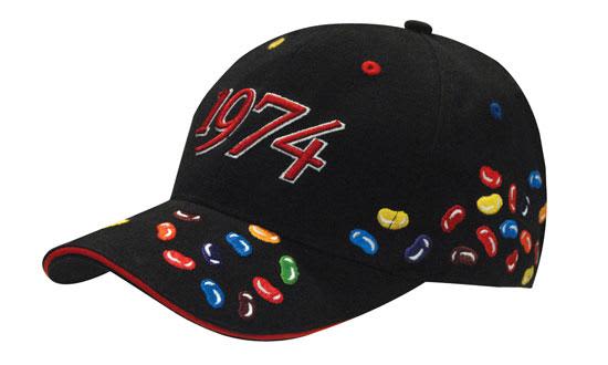 A black cap featuring colourful jelly bean embroidery and bold red stitching with the number "1974" on the front.