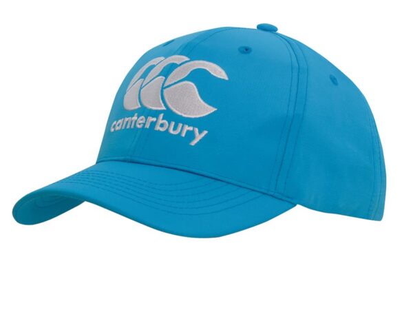 A sports cap in vibrant turquoise with a logo on the front, featuring a curved brim and adjustable strap.
