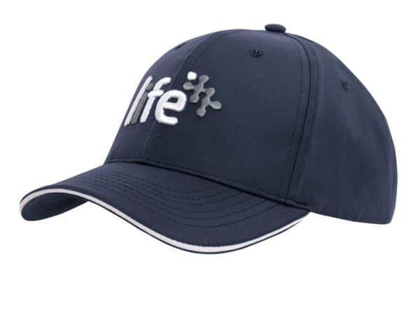 A navy sports cap with sandwich trim and a logo on the front. The cap features a curved brim and structured design.