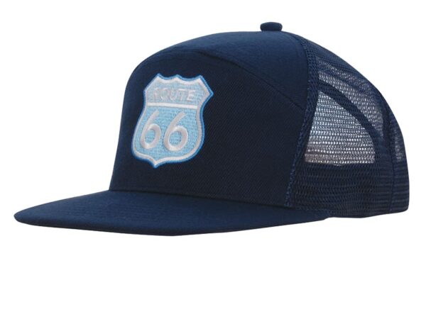 A navy blue A-frame cap with a mesh back and an embroidered logo on the front.