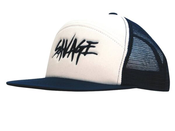 A foam front A-frame cap with a navy blue brim and mesh back, featuring a logo on the front.