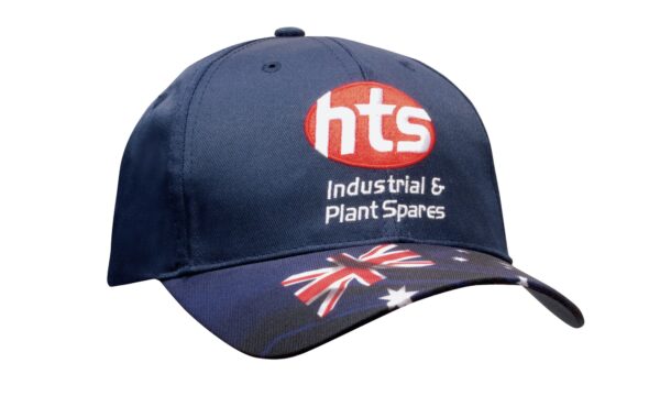 A navy blue cap with a curved brim featuring an Australian flag design and a logo on the front.