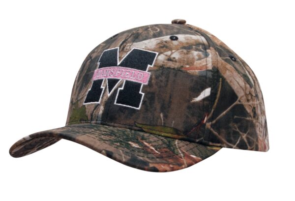 A camouflage six-panel cap featuring a logo, primarily in browns and greens.