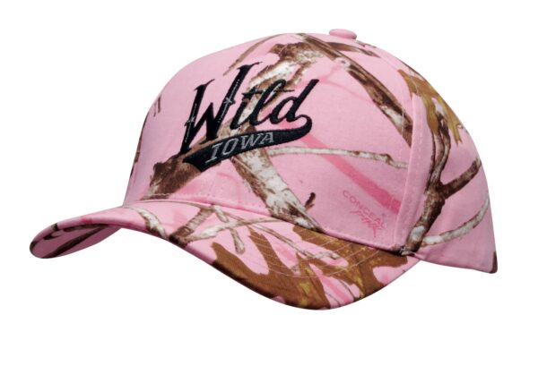 A pink camouflage cap featuring a logo, with a mix of brown and white branch patterns.