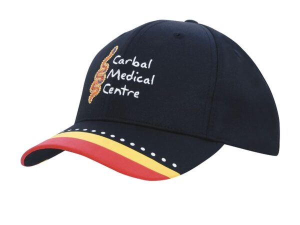 A navy cap with a multi-coloured printed peak featuring a logo.