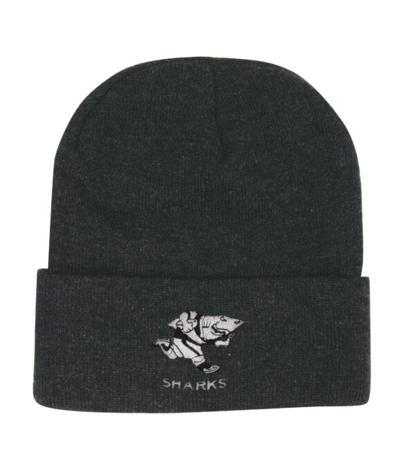Acrylic beanie in dark grey with a logo featuring a shark and a character.
