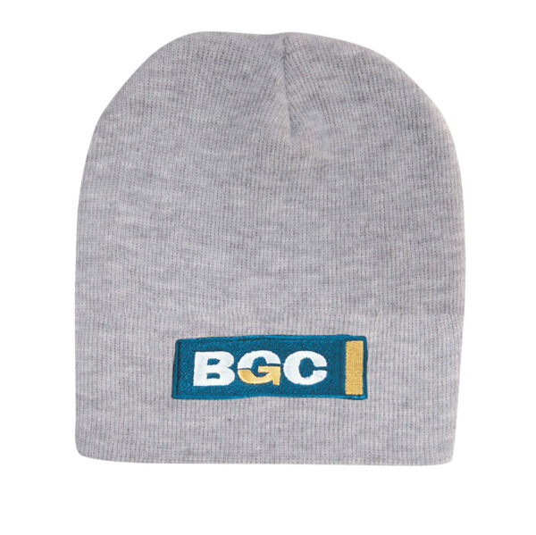 A rolled down acrylic beanie in grey featuring a logo.