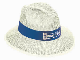 A straw fedora hat in white with a blue band featuring a logo.