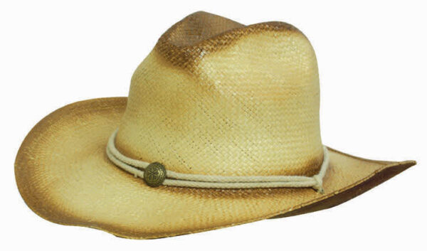 A tan and brown cowboy hat made of straw with a decorative band. It features a curved brim and a textured surface.