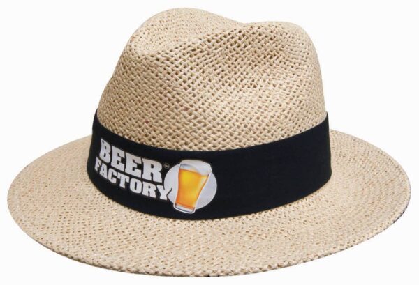 A straw hat with a wide brim and a black band featuring a logo, designed for casual wear.
