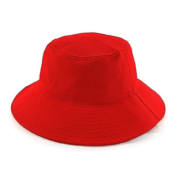 A red PQ Mesh Bucket Hat featuring a wide brim and breathable fabric, with a logo on the side.