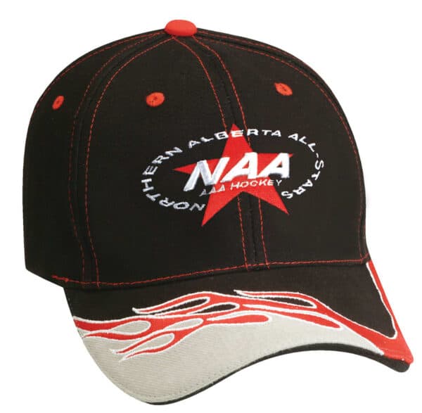 A black cap with red accents and flame designs, featuring a logo on the front.