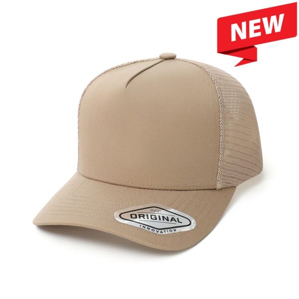 A beige A-Frame Seamless Mesh Cap featuring a mesh back and a logo patch on the front.