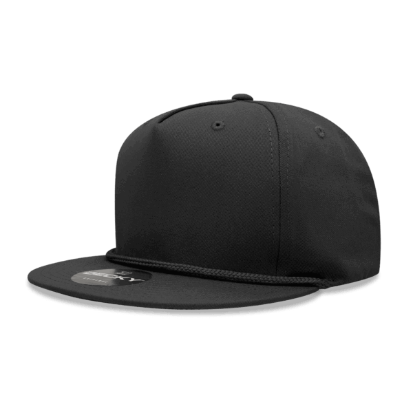 A high-profile structured snapback cap in black, featuring a braided detail on the front brim and a logo.
