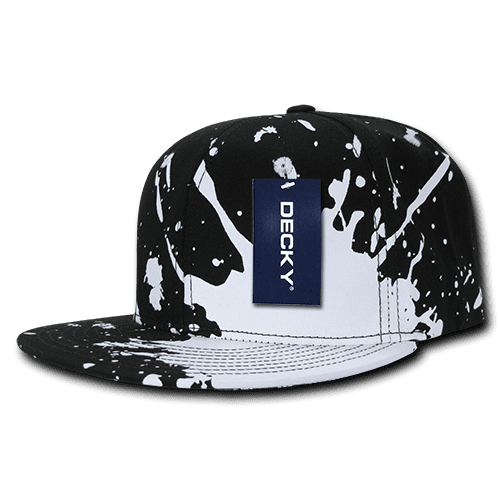 A black and white splattered snapback cap featuring a structured high profile design and a logo patch.