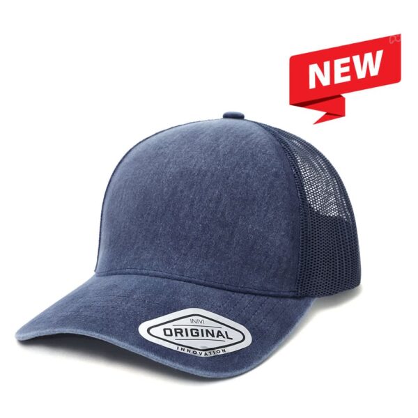 A navy blue mesh cap featuring a curved peak and a logo. The back is made of washed mesh material.