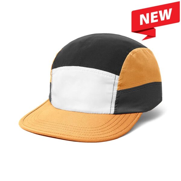 A cap with an 8-panel design in black, orange, and white, featuring a logo.