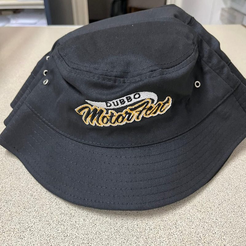 Event logo embroidered on the front of a black bucket hat